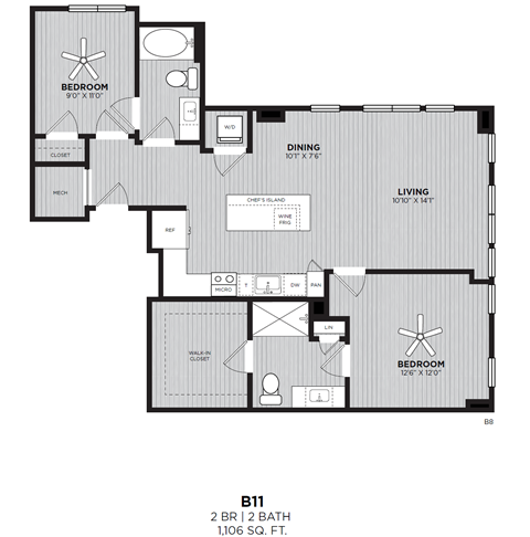 A black and white image of a floor plan for a 2 bedroom, 2 bath apartment.